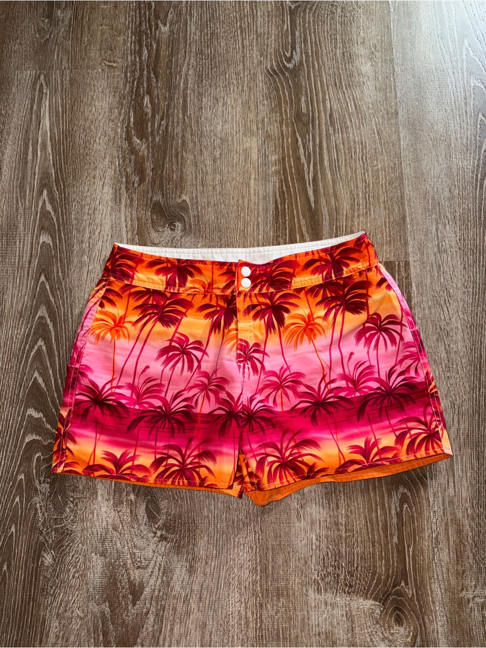 Vintage Y2K Tropical Palm Print Swim Shorts in Sunset Pink & Orange